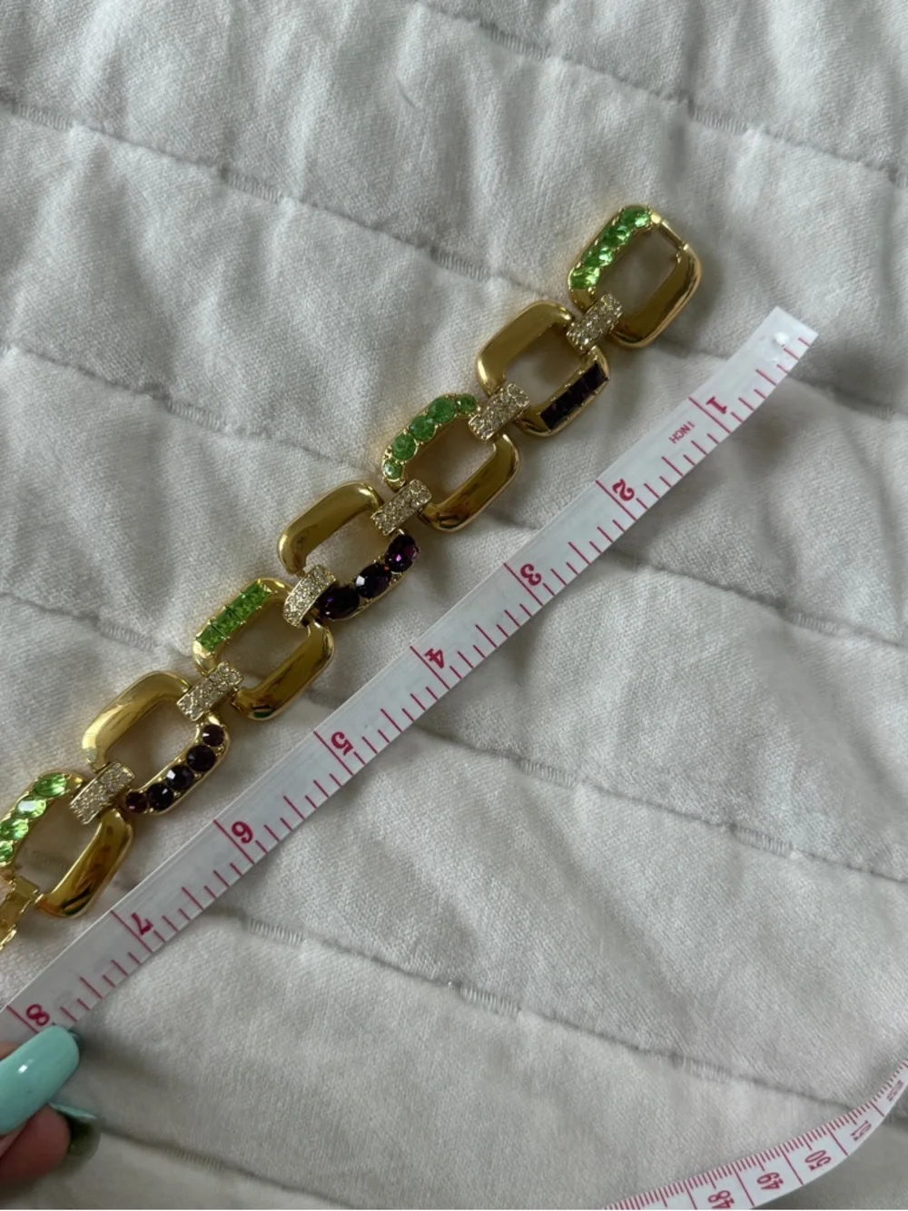 Gold wide chain link bracelet with multi coloured gemstones Swarovski elements